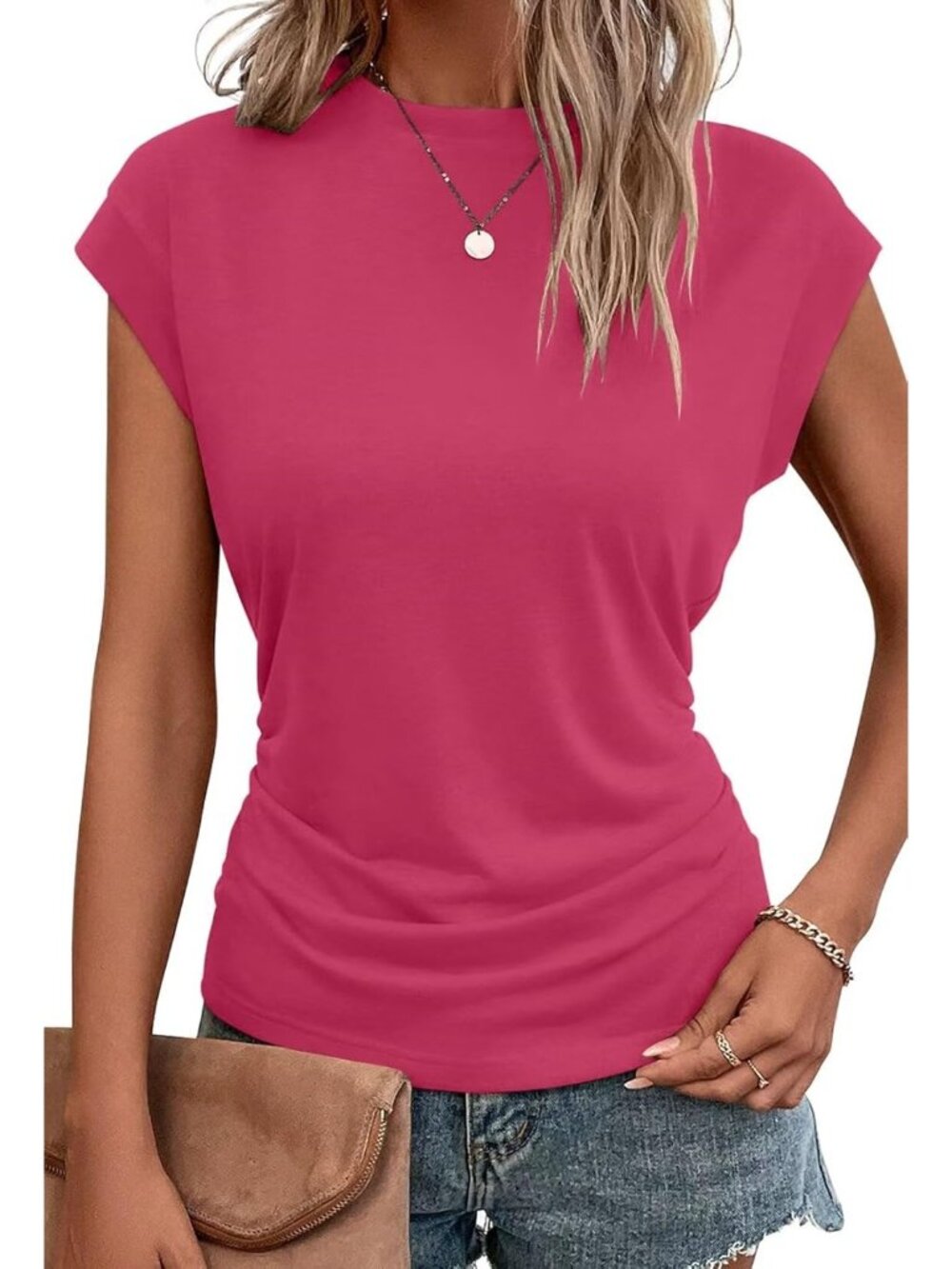 Women's Hot Pink Short Sleeve Crew Neck Imported Outfits Tops Pull On T Shirts
